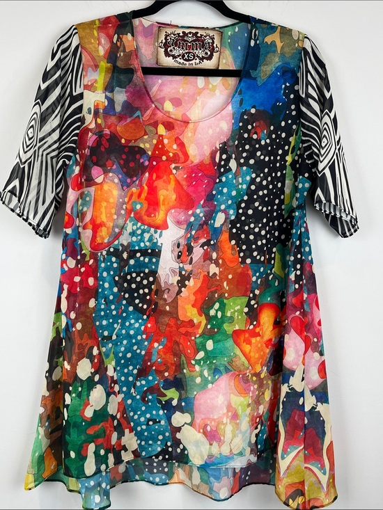 Amma Tops - Amma Made in LA Colorful Abstract Print Sheer Scoop Neck Tunic Top Size XS